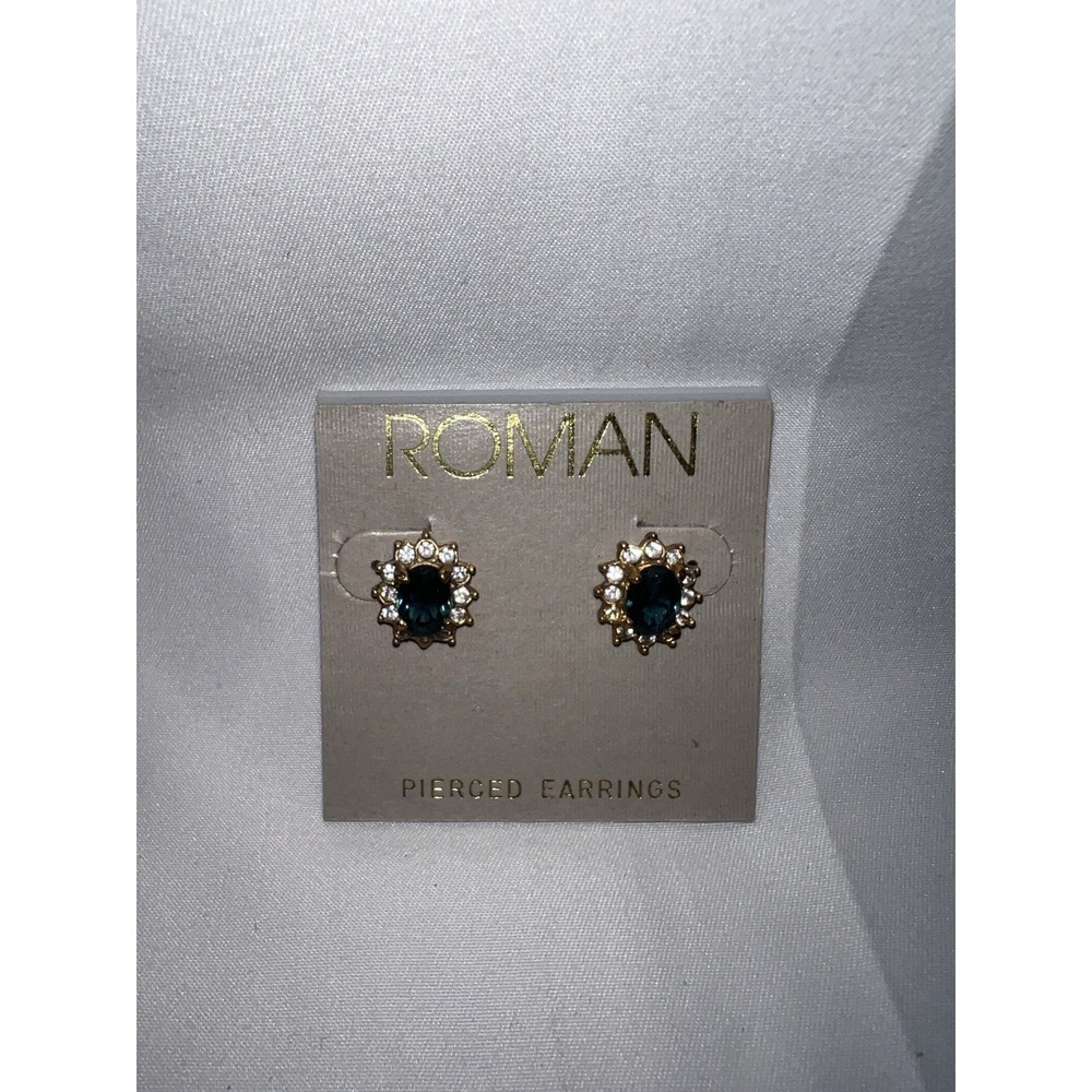 Vintage Clear Rhinestones & Faux Blue Sapphire Stone Pierced Earrings ROMAN
